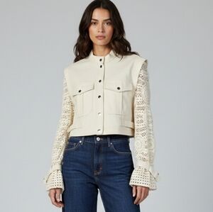 Veronica Beard Aylin Cream Cotton Jacket Ivory Denim Crochet Sleeves Size 8